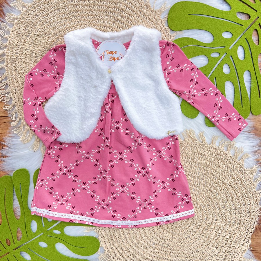Vestido Manga Longa Mini Flores e Colete de Pelinho - Rose